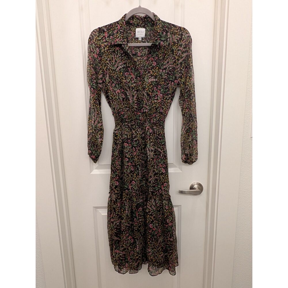 MISA Los Angeles Size XS Laysi Black Floral Print Smocked Tiered Midi Dress